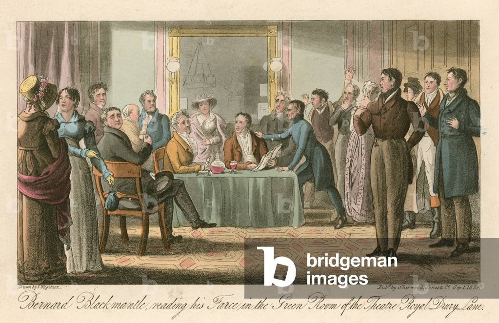 Bernard Blackmantle, reading his Farce in the Green Room of the Theatre Royal, Drury Lane, London (coloured engraving)