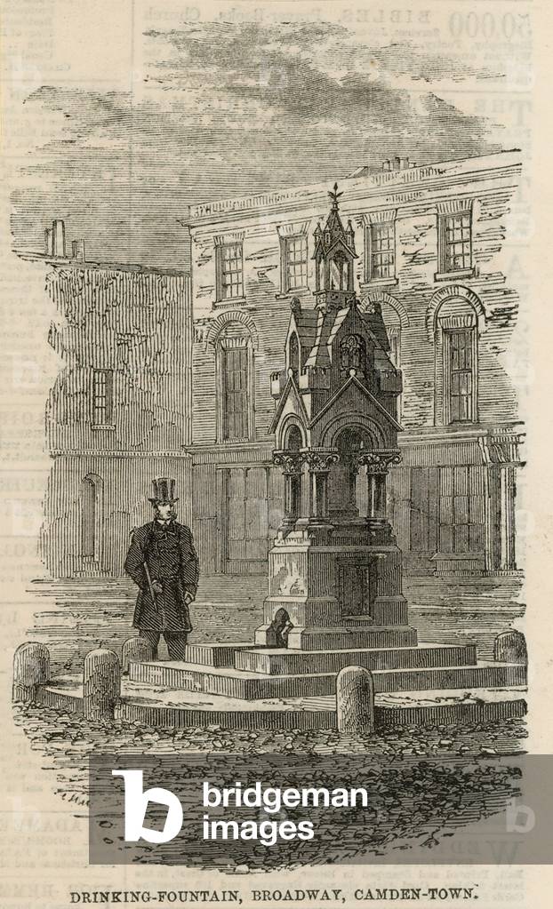 Drinking fountain on The Broadway in Camden Town (engraving)