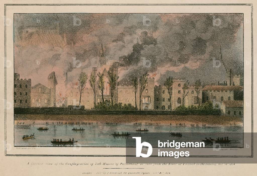 The conflagration of both Houses of Parliament as seen from the River at 8 o'clock in the evening (coloured engraving)