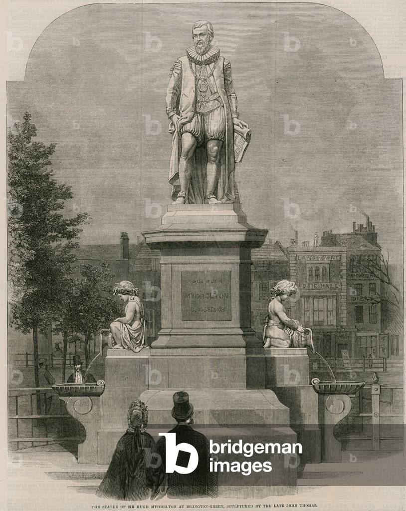 The statue of Sir Hugh Myddleton at Islington Green, sculptured by the late John Thomas (engraving)