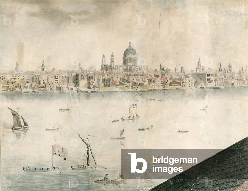 Rooftop view of St Paul's Cathedral, London, and River Thames (coloured engraving)