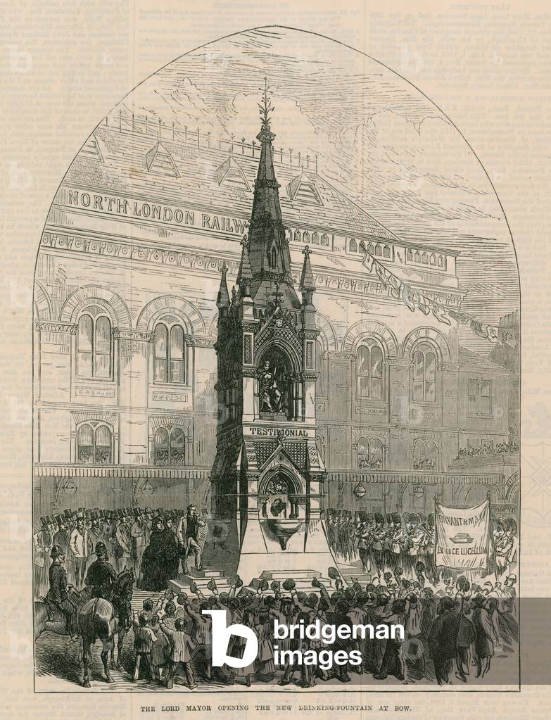 Lord Mayor opening the new drinking fountain at Bow (engraving)
