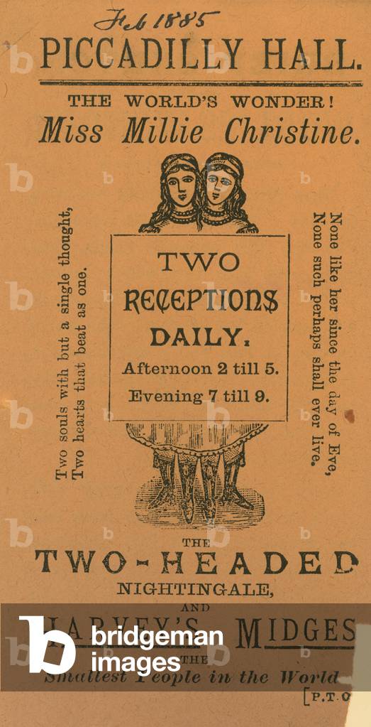 Ticket to visit Miss Millie Chrisine, the two-headed nightingale (engraving)