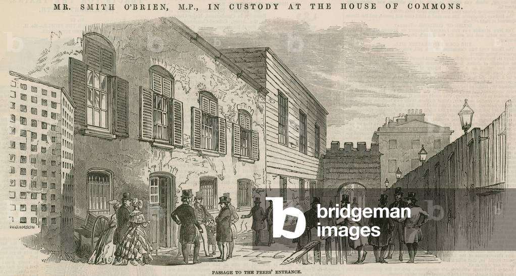 Mr Smith O'Brien, MP, in custody at the House of Commons: Passage to the Peers' entrance (engraving)
