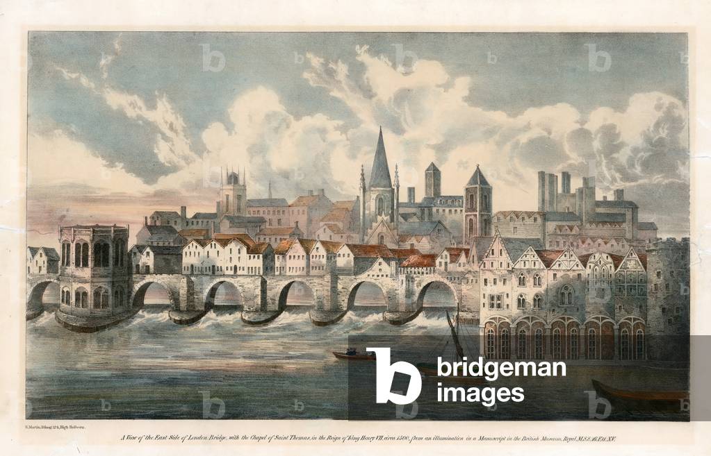 View of east side of Old London Bridge from BM Royal MSS (coloured engraving)