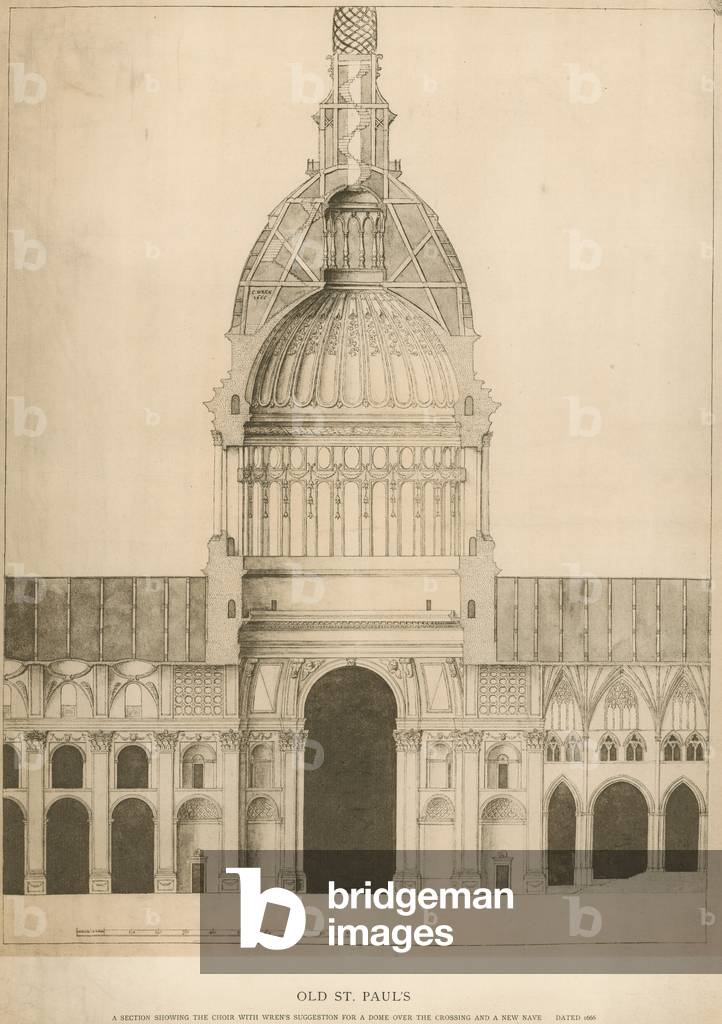 Old St Paul's Cathedral; a section showing the Choir with Sir Christopher Wren's suggestion for a dome (engraving)
