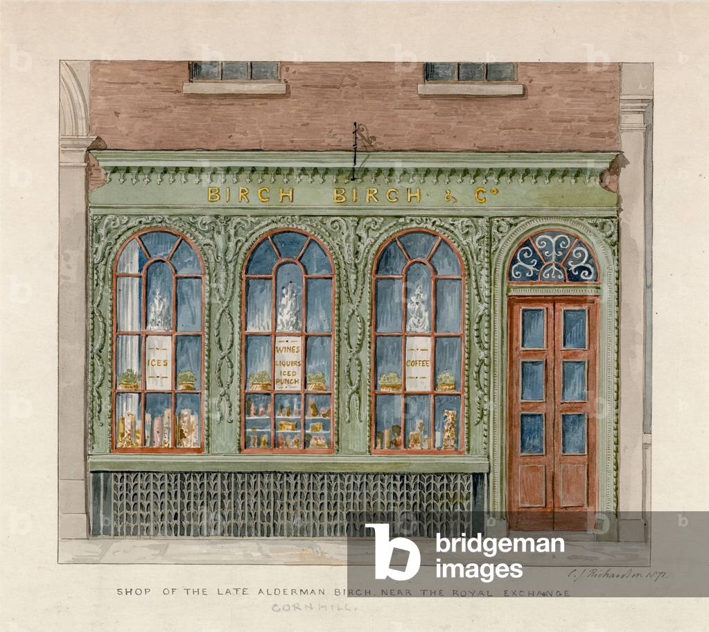 Shop of the late Alderman Birch near the Royal Exchange.  1871 (w/c on paper)