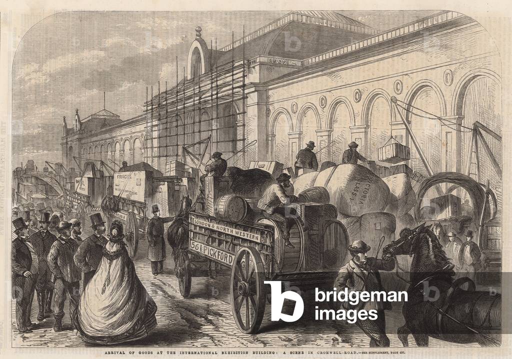 Arrival of goods at the International Exhibition building; a scene in Cromwell Road (engraving)