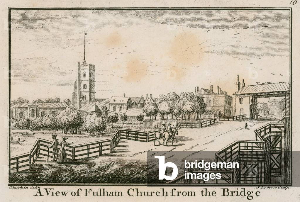 A view of Fulham Church, London, from the Fulham Bridge (engraving)