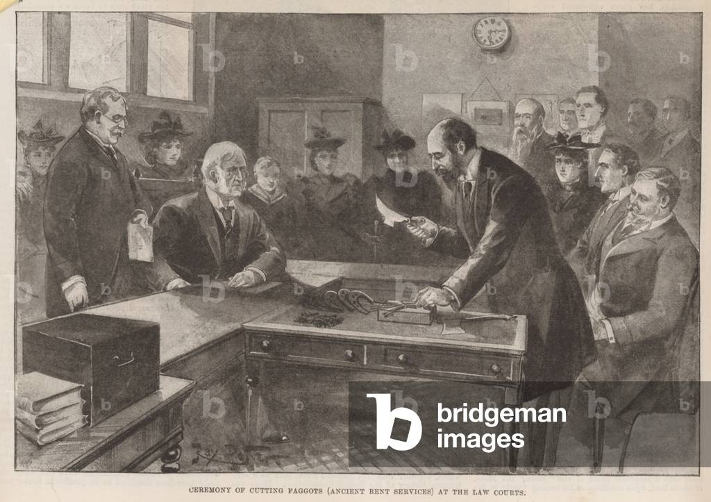 Ceremony of cutting faggots (ancient rent services) at the Law Courts (engraving)