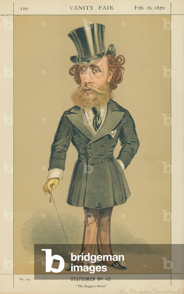 The Marquis (John) Townshend, The Beggar's Friend, 26 February 1870, Vanity Fair cartoon (colour litho)