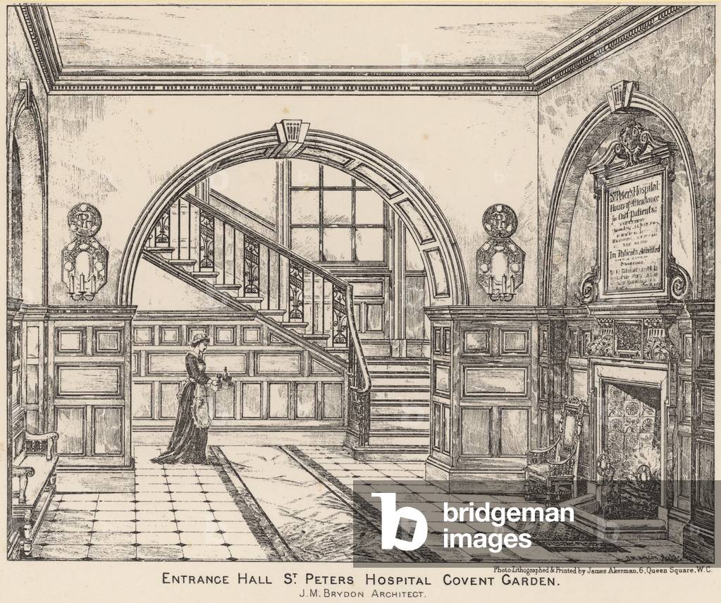 Entrance hall to St Peter's Hospital, Covent Garden (engraving)