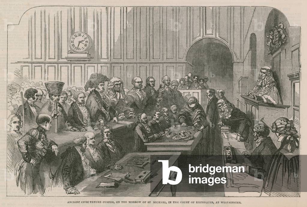 Ancient civic tenure custom, on the morror of St Michael, in the Court of Exchequer, at Westminster (engraving)