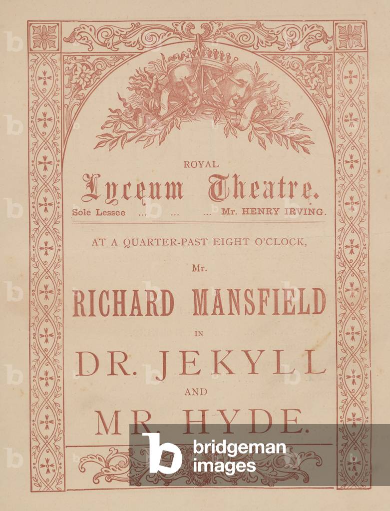 Advertising card for the Lyceum Theatre, Dr Jekyll and Mr Hyde starring Richard Mansfield (engraving)
