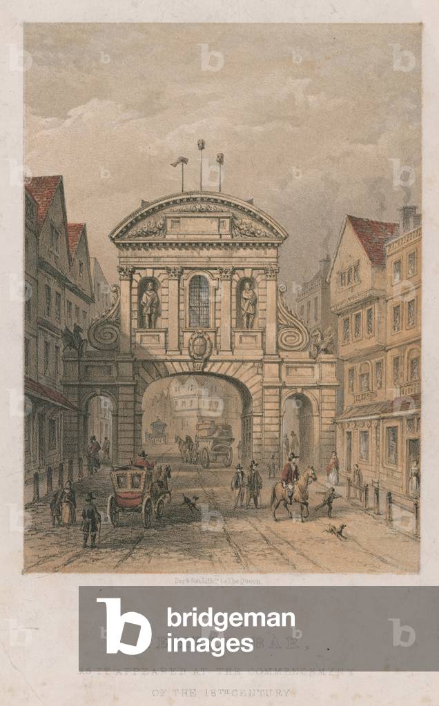 Temple Bar as it appeared at the commencement of the 18th century (coloured engraving)