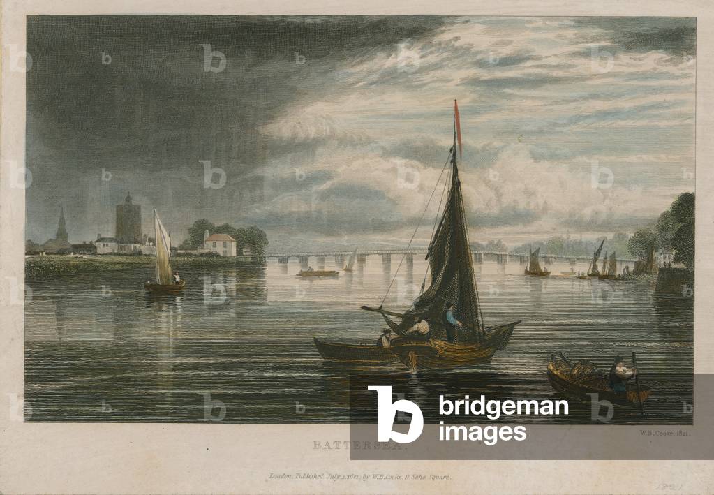 General view of boats on the River Thames at Battersea (coloured engraving)