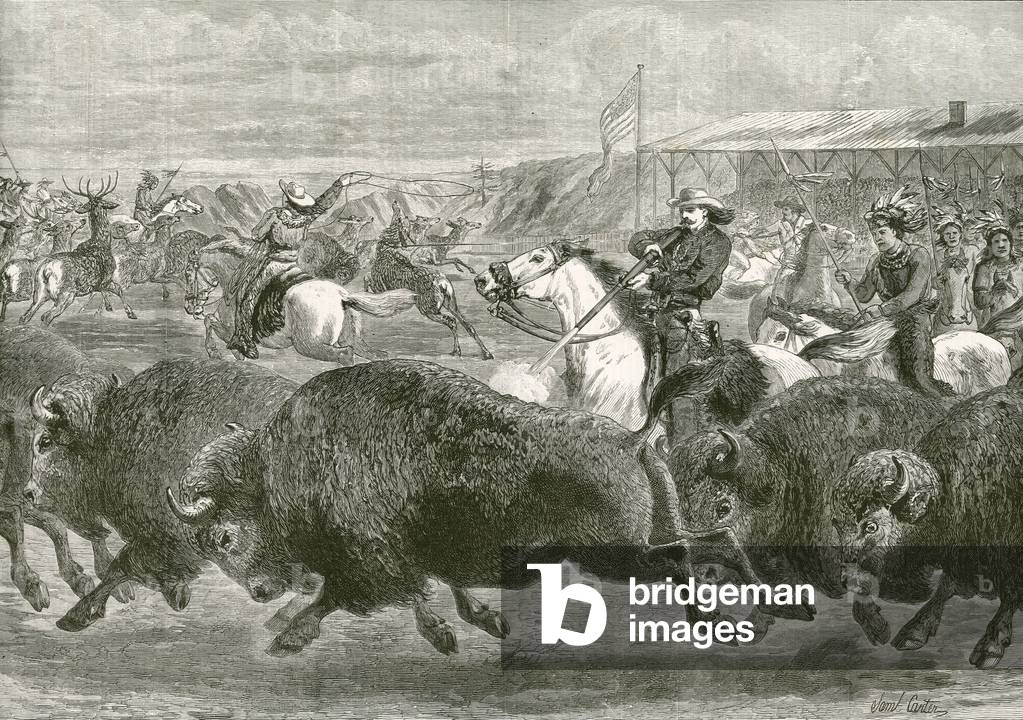 The Wild West at the Great American Exhibition - hunting bison and wapiti deer (engraving)