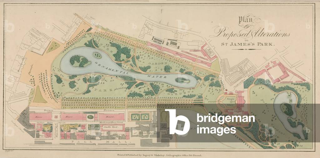 Plan of the proposed alterations to St James's Park, London (coloured engraving)