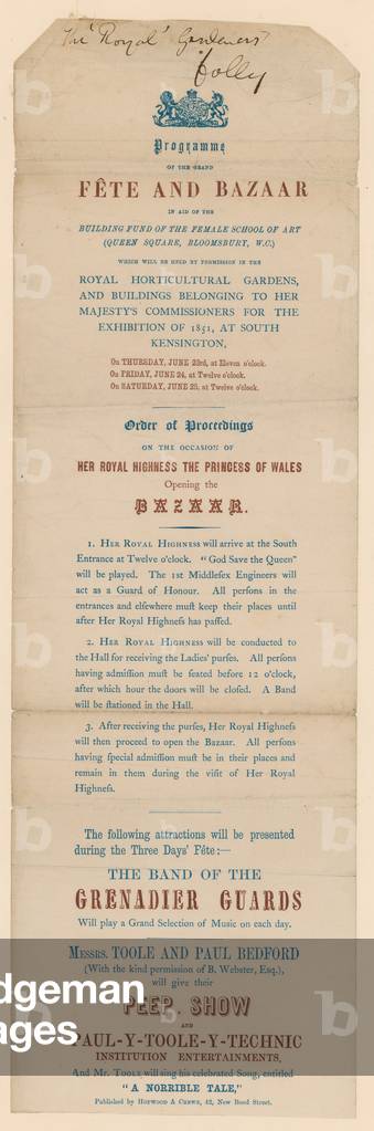 Programme of the grand Fete and Bazaar in aid of the Female School of Art (engraving)