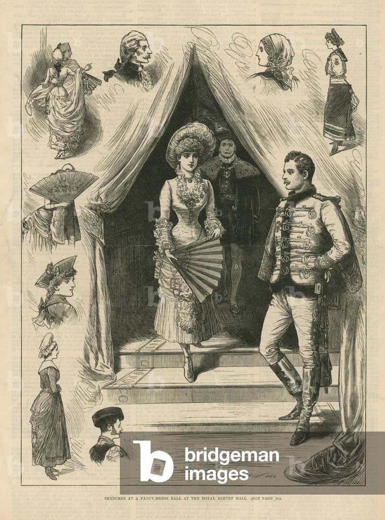 Sketches at a fancy dress ball at the Royal Albert Hall (engraving)