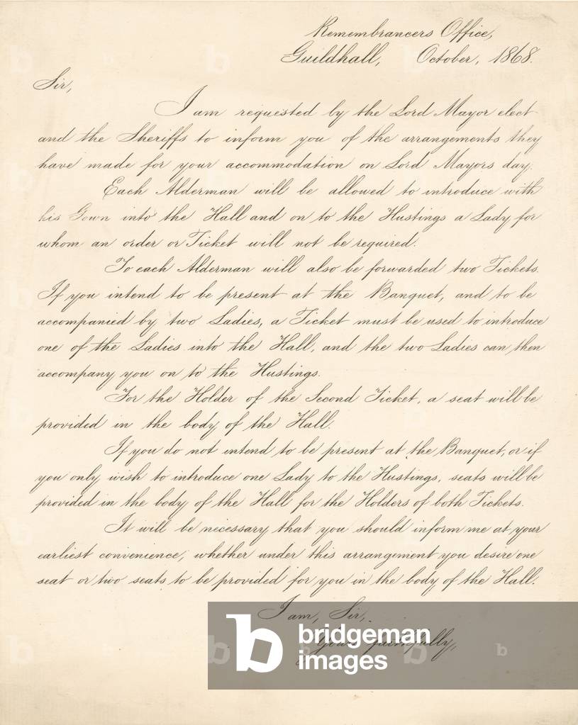 Letter detailing arrangements for a banquet at the Guildhall, London, on 9 November 1868 (engraving)