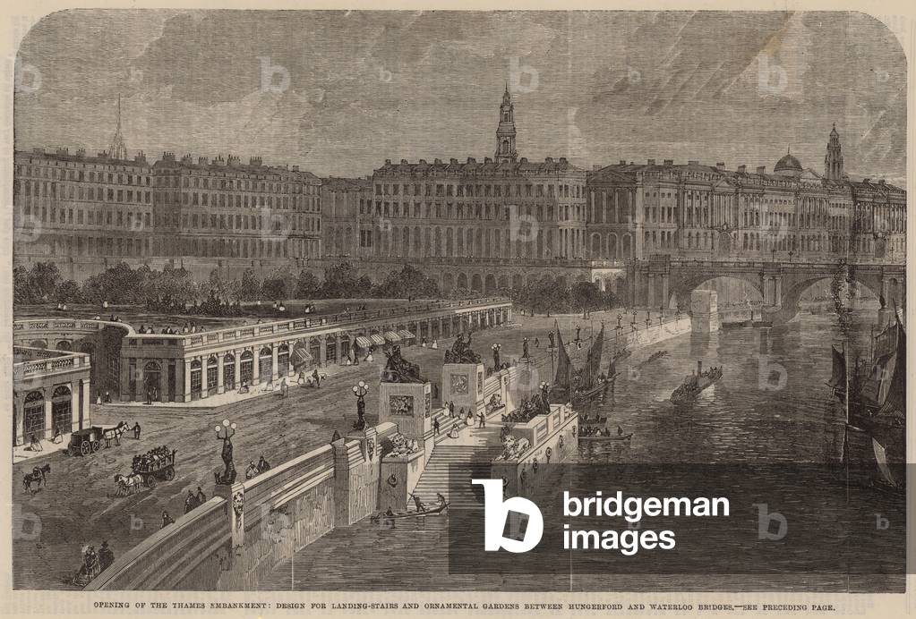 Design for landing-stairs and ornamental gardens between Hungerford and Waterloo Bridges (engraving)