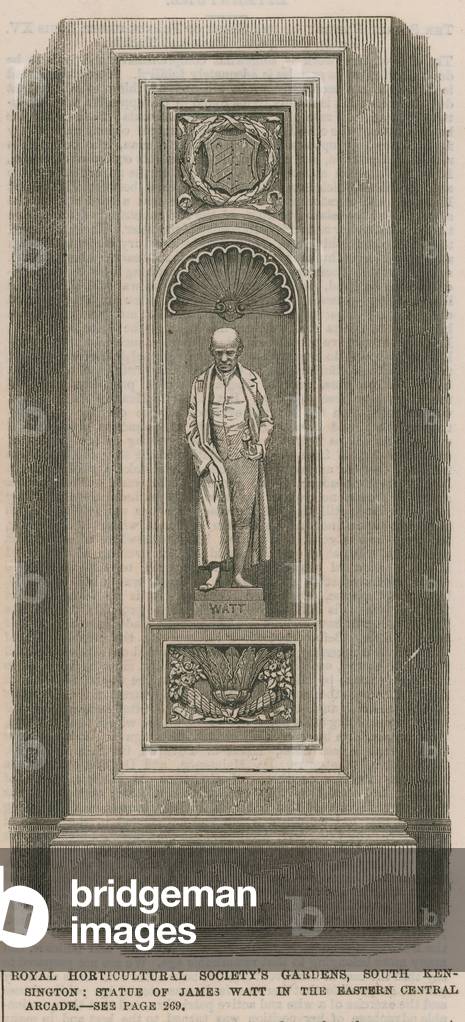 Royal Horticultural Society's gardens, South Kensington: statue of James Watt in the eastern central arcade (engraving)