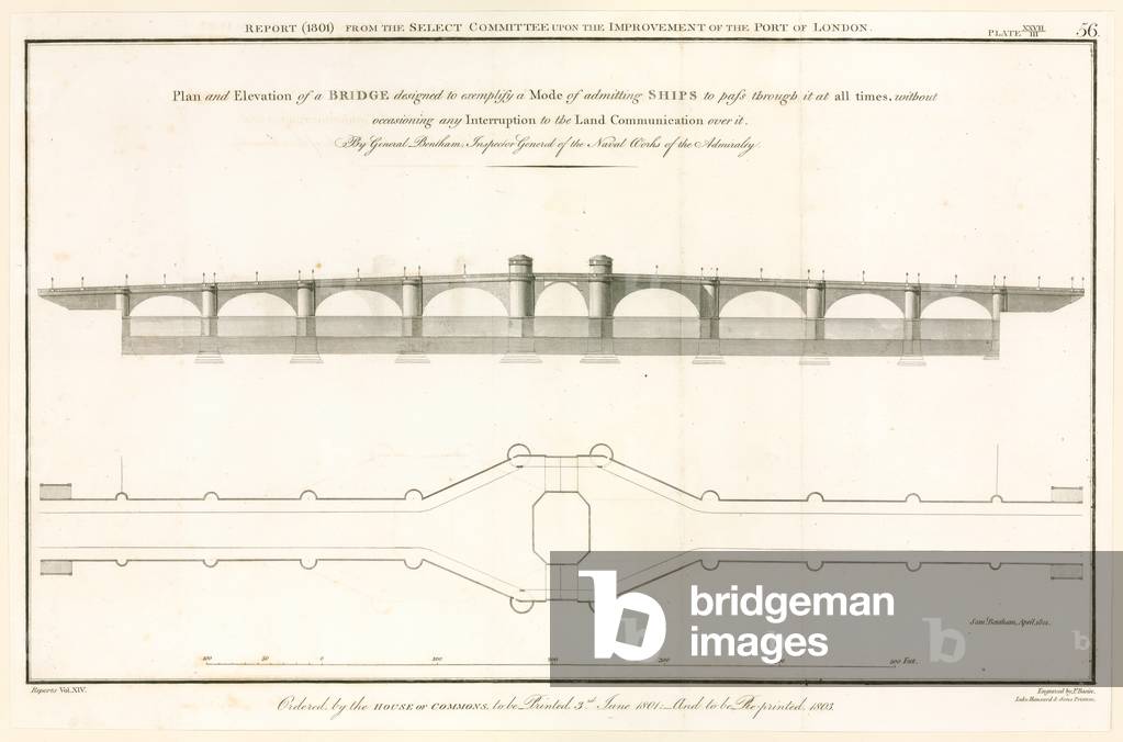 Plan for London Bridge capable of letting ships through (engraving)