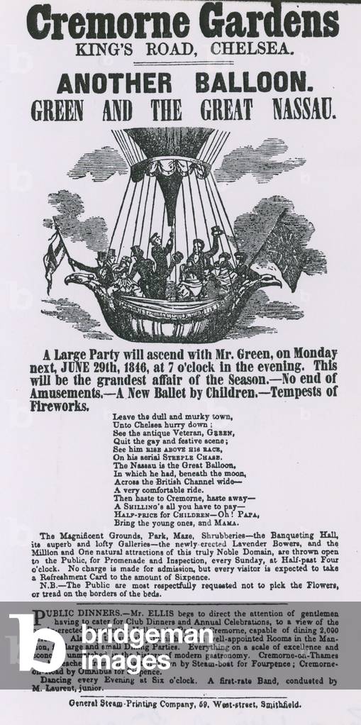 Advert for balloon ascent, Cremorne Gardens, Chelsea (engraving)