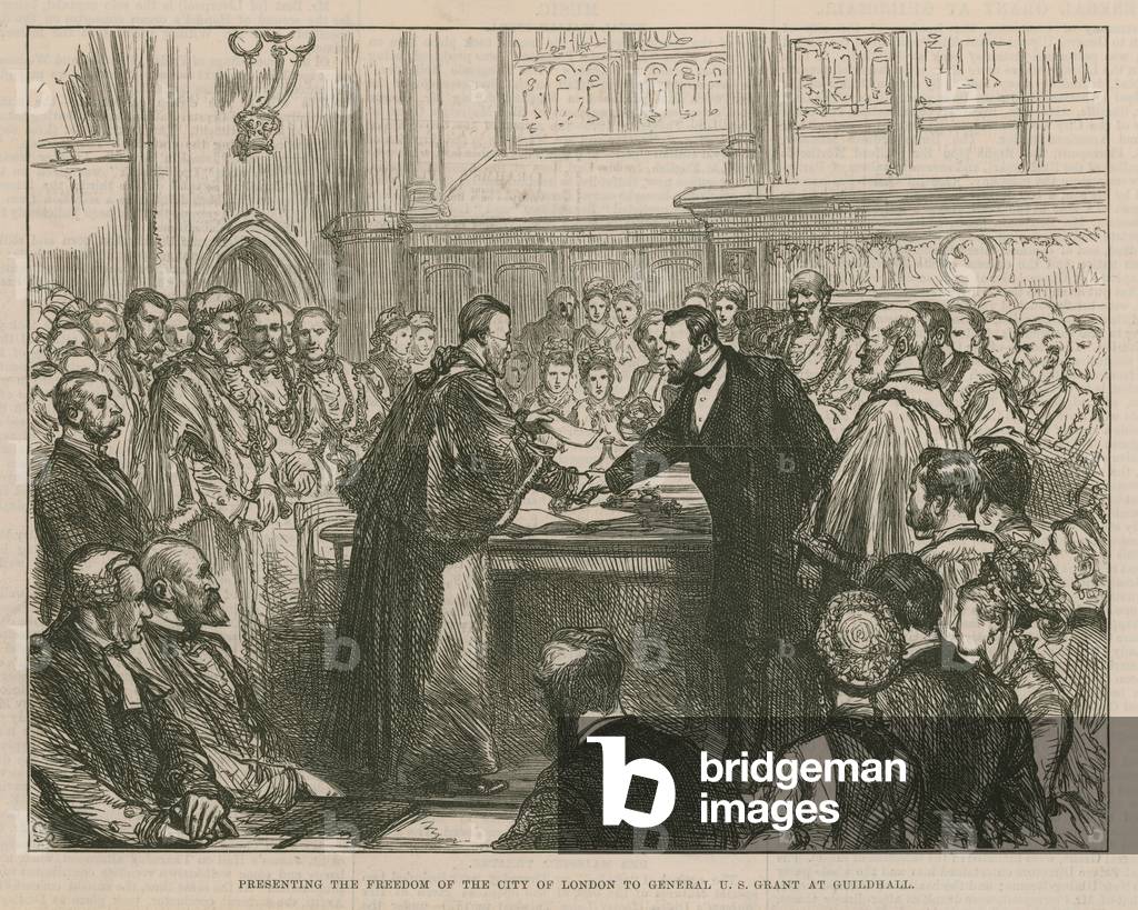Presenting the freedom of the City of London to General U S Grant at Guildhall (engraving)