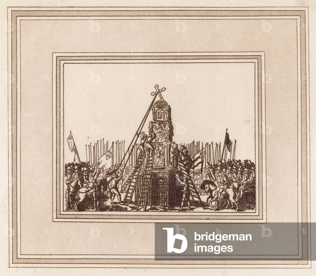 The pulling down of the Cheapside Cross on 2 May 1643 (engraving)
