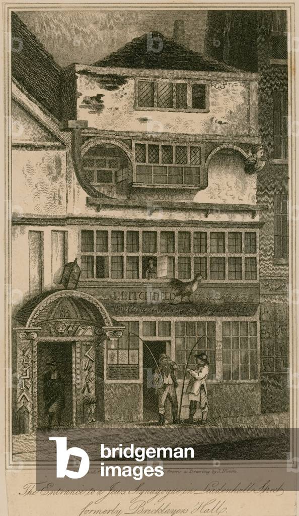 The entrance to a Jew's Synagogue in Leadenhall Street, London, formerly Bricklayer's Hall (engraving)