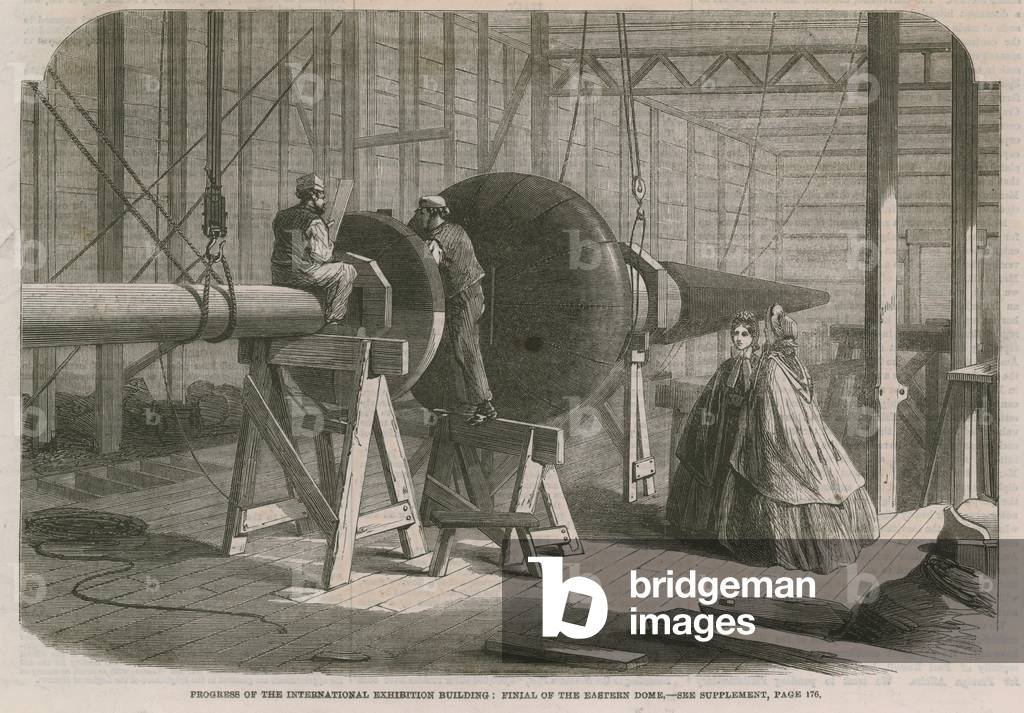 Progress on the International Exhibition Building; Finial of the eastern dome (engraving)