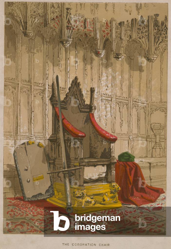 The Stone of Scone in the Coronation Chair (coloured engraving)