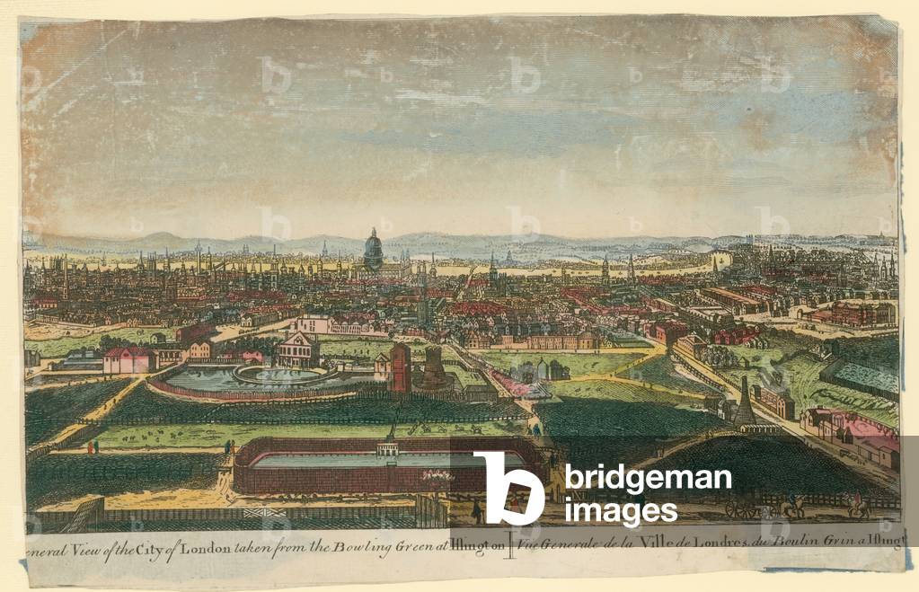 General view of the City of London taken from the Bowling Green at Islington (coloured engraving)