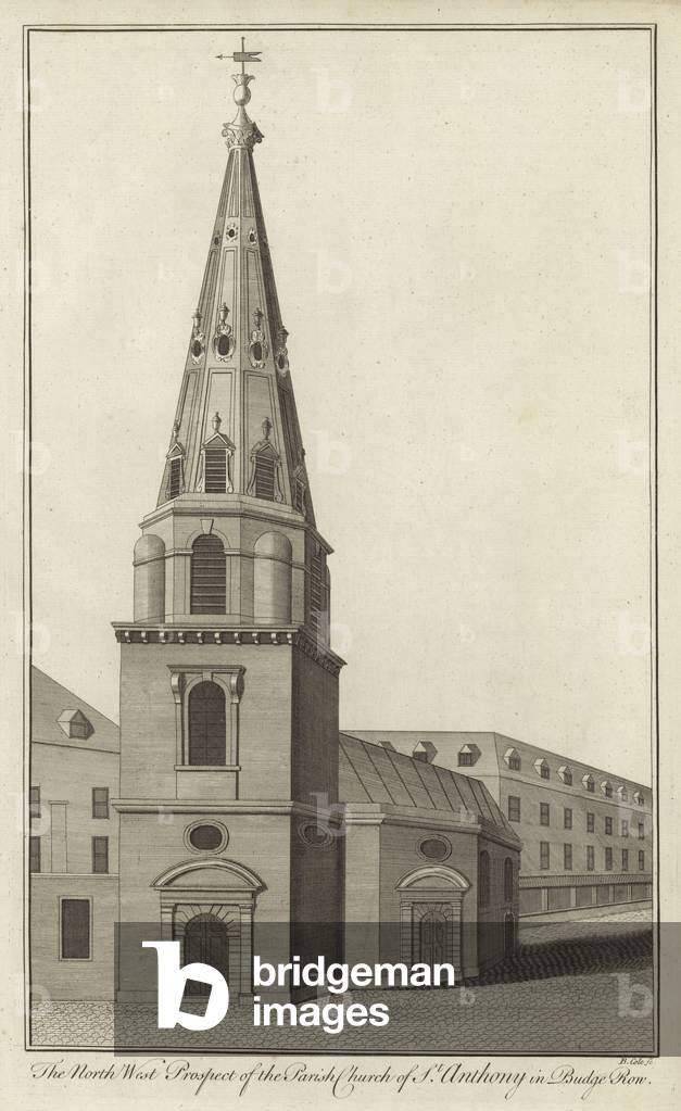 The North West Prospect of the Parish Church of St Anthony in Budge Row, London (engraving)