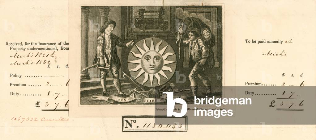 Receipt for payment of insurance from Sun Fire Office, London (engraving)