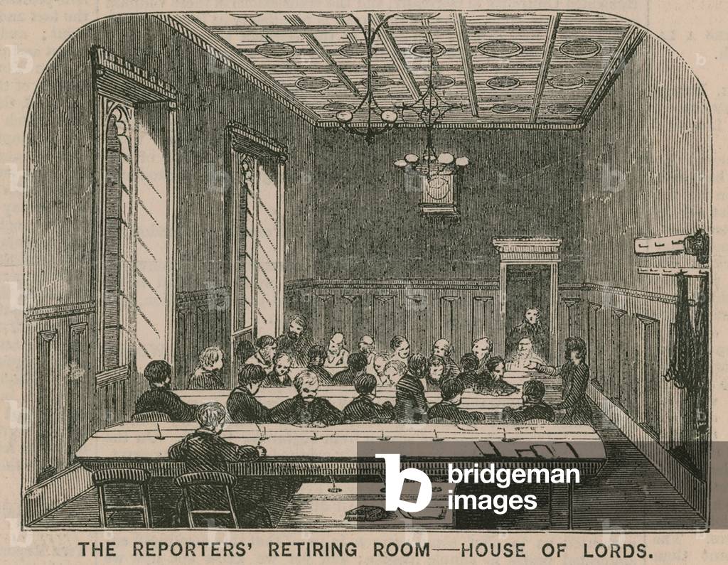 The reporters' retiring room in the House of Lords (engraving)