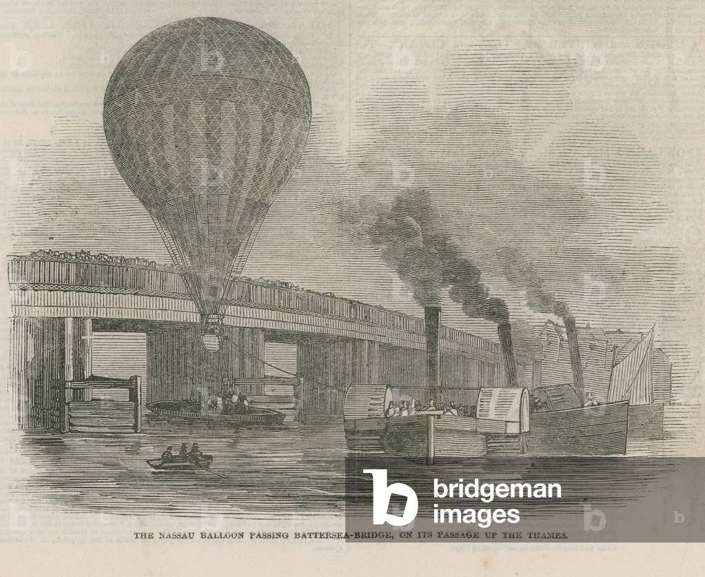 The Nassau balloon passing Battersea Bridge (engraving)