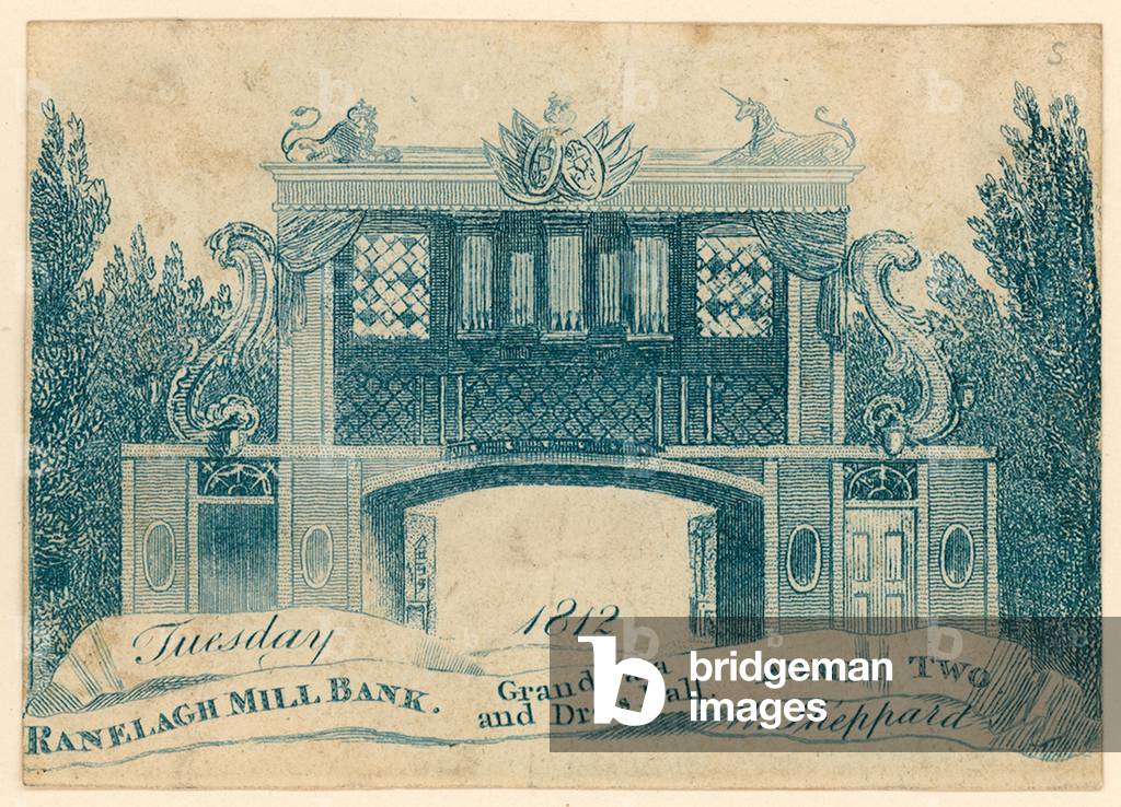 Admission ticket to a grand gala and dress ball at Ranelagh Gardens, Millbank, London. 1812 (engraving)