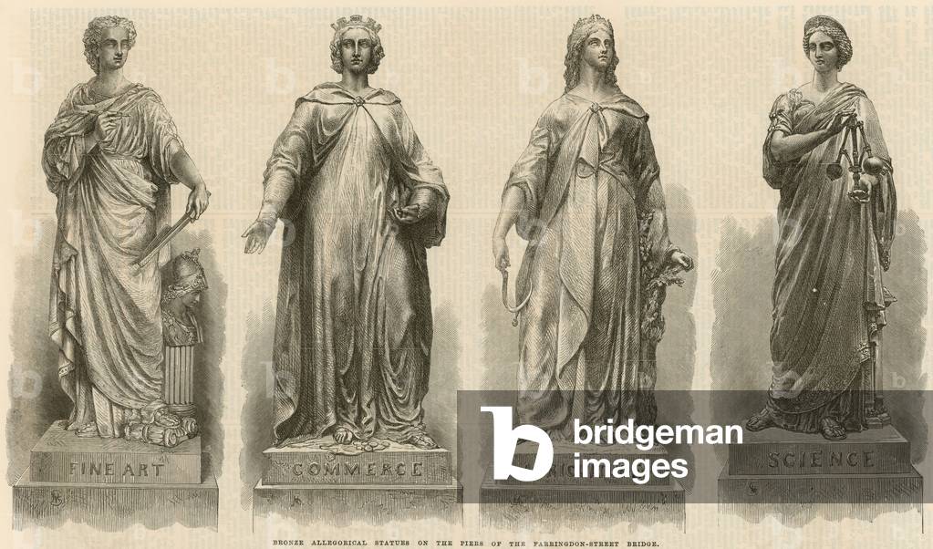 Bronze allegorical statues on the piers of the Farringdon Street Bridge (engraving)