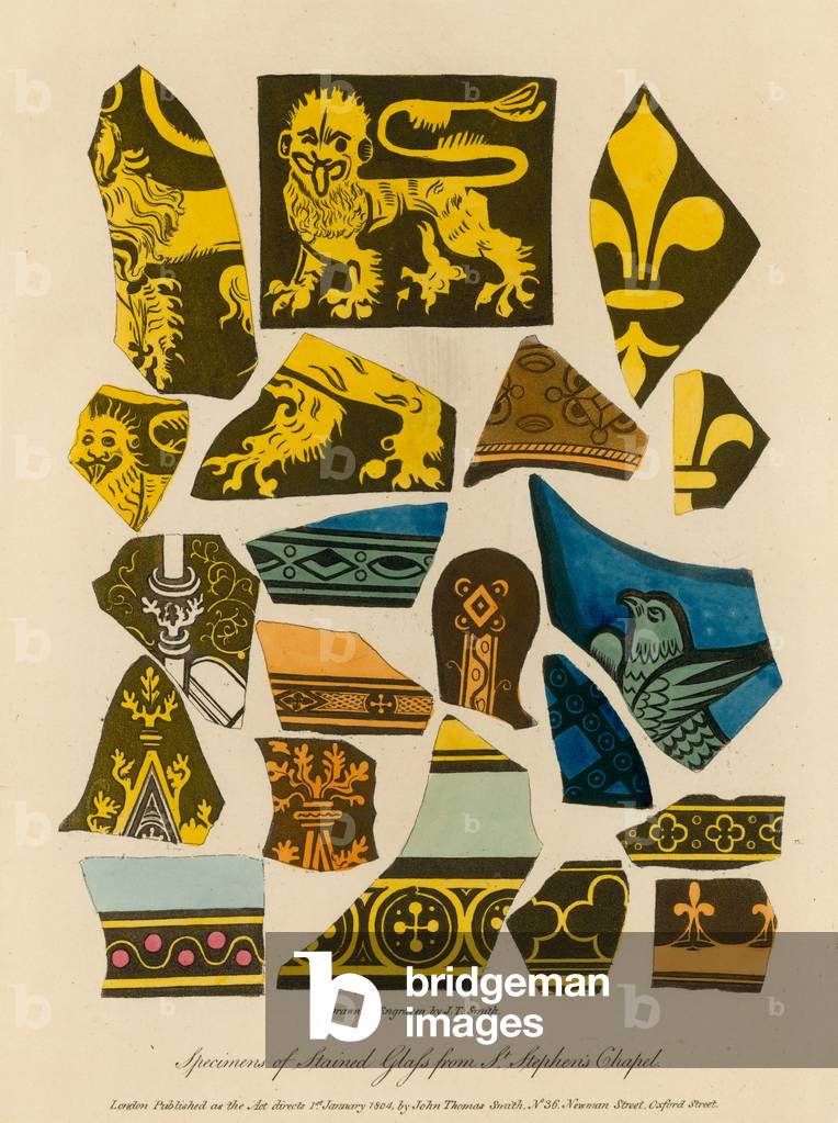Specimens of stained glass from St Stephen's Chapel (coloured engraving)
