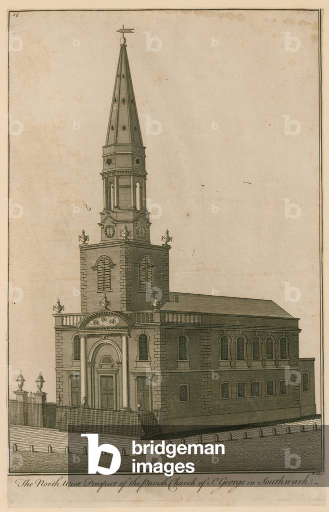 The north west  prospect of the parish church of St George in Southwark, London (engraving)