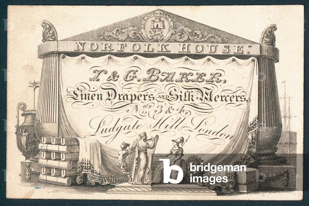 I & G Baker, linen drapers and silk mercers, trade card (engraving)