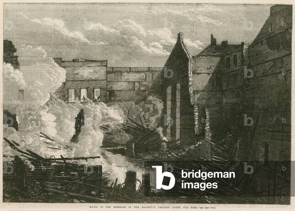 Ruins of the interior of Her Majesty's Theatre, Haymarket, London, after the fire (engraving)