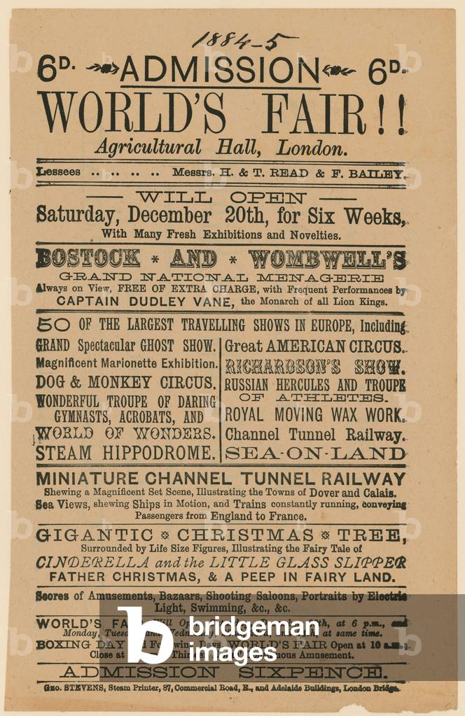 Admission to World's Fair, Agricultural Hall, Islington, 1884/85 (engraving)