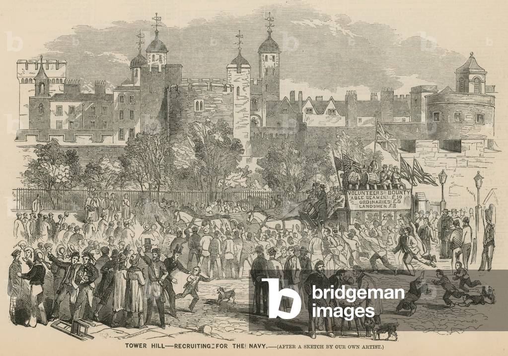 Tower Hill, London: recruiting for the Navy (engraving)