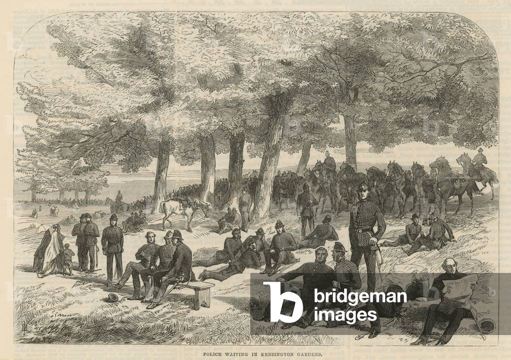 Police waiting in Kensington Gardens (engraving)