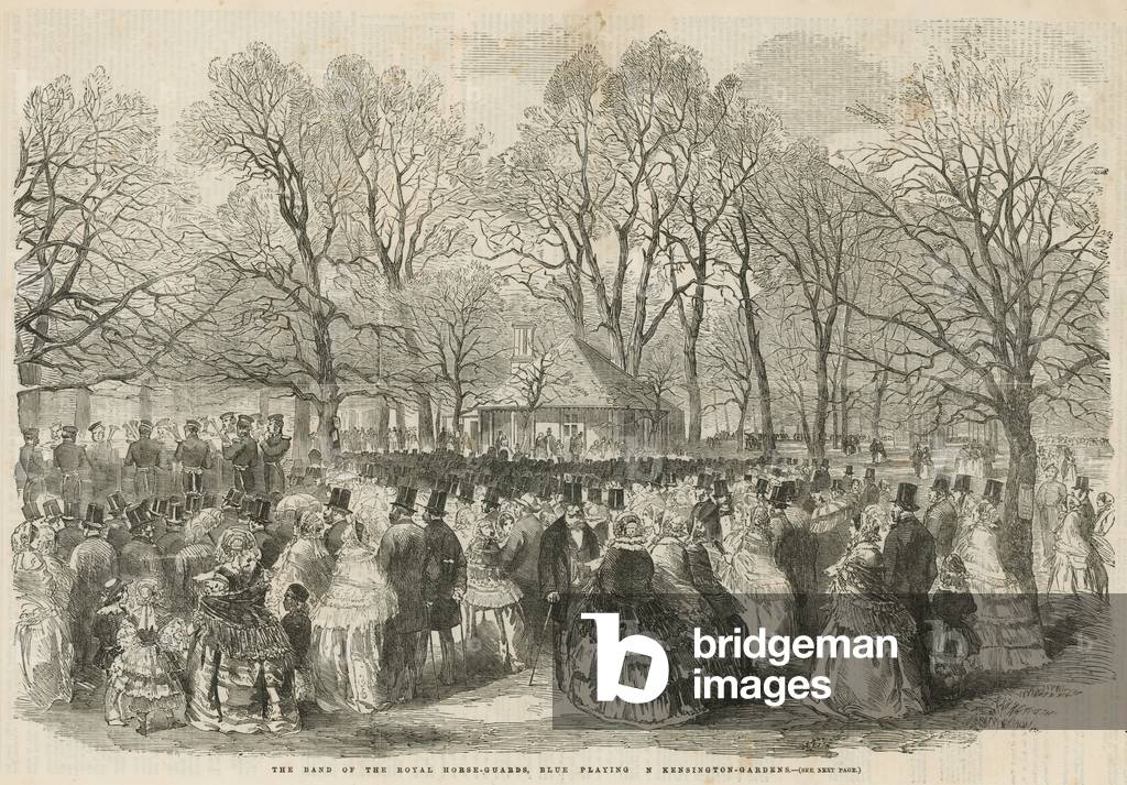 The band of the Royal Horse Guards Blue playing at Kensington Gardens (engraving)