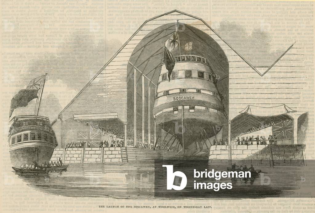 The launch of the Boscawen at Woolwich (engraving)